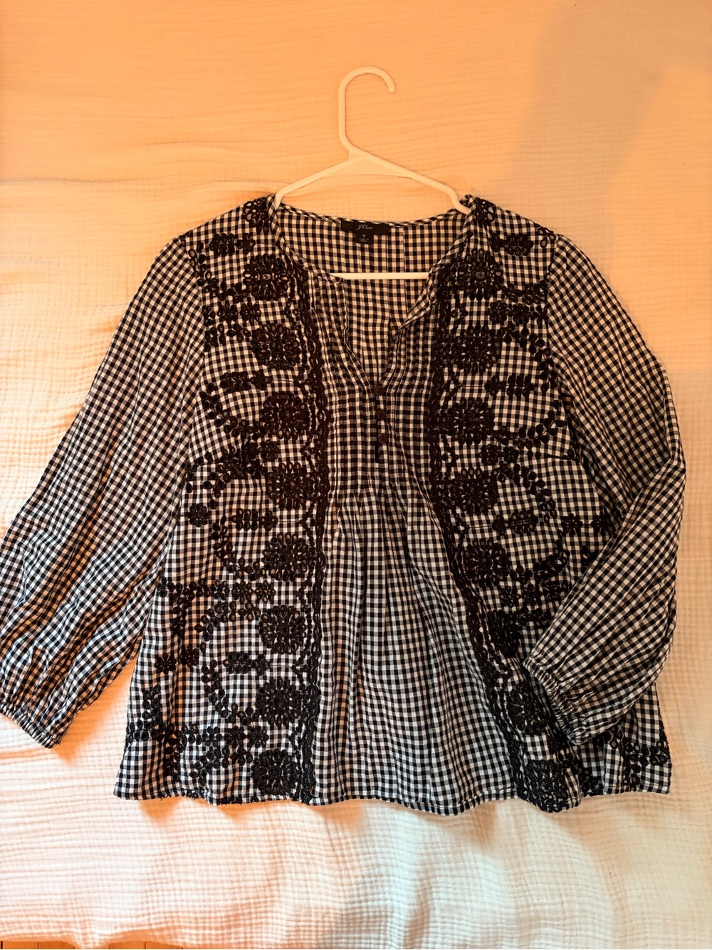 J. Crew Black and White Gingham Embroidered Top